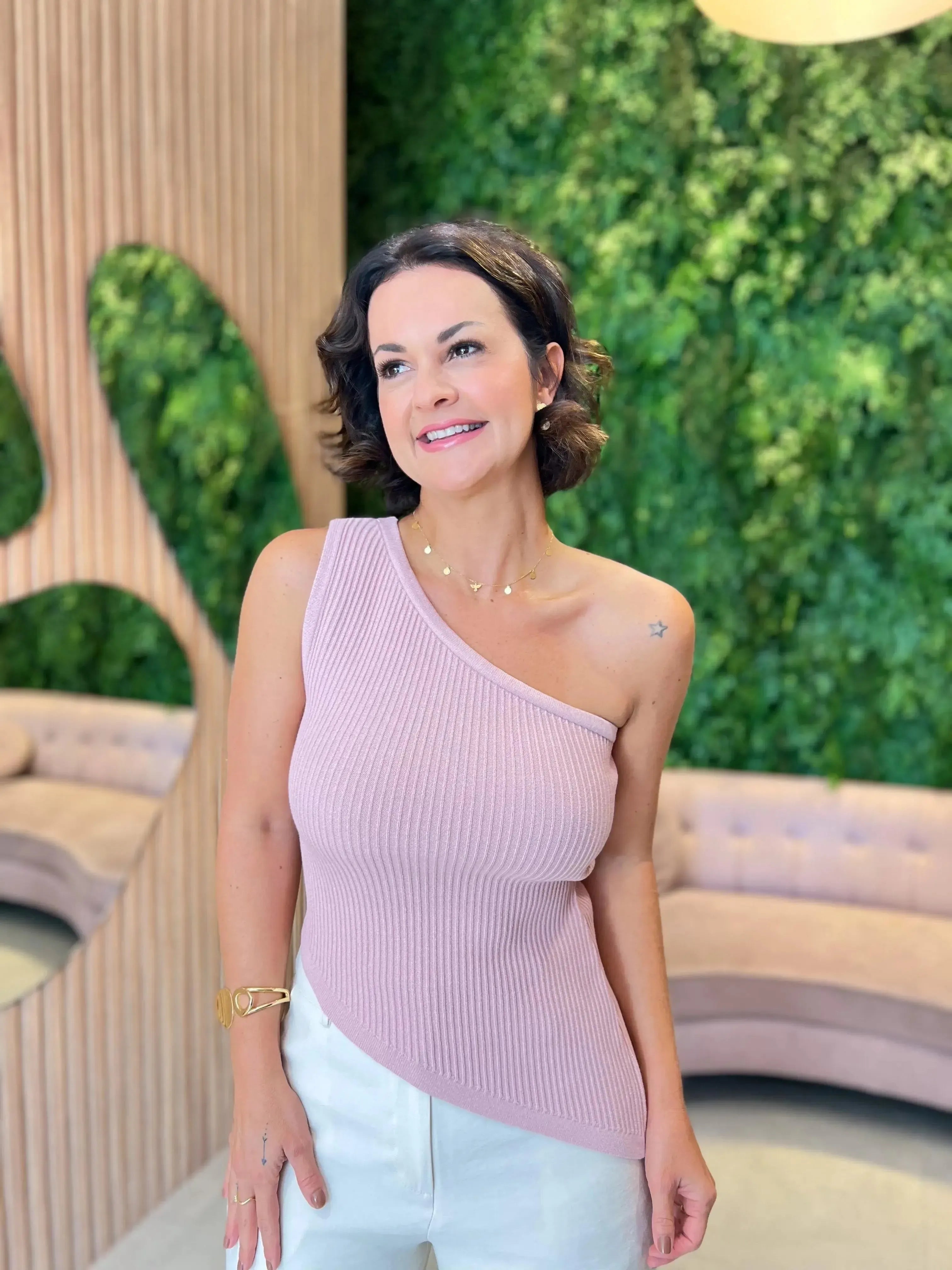 Blusa em Tricô Canelado Ombro Só, Rosa