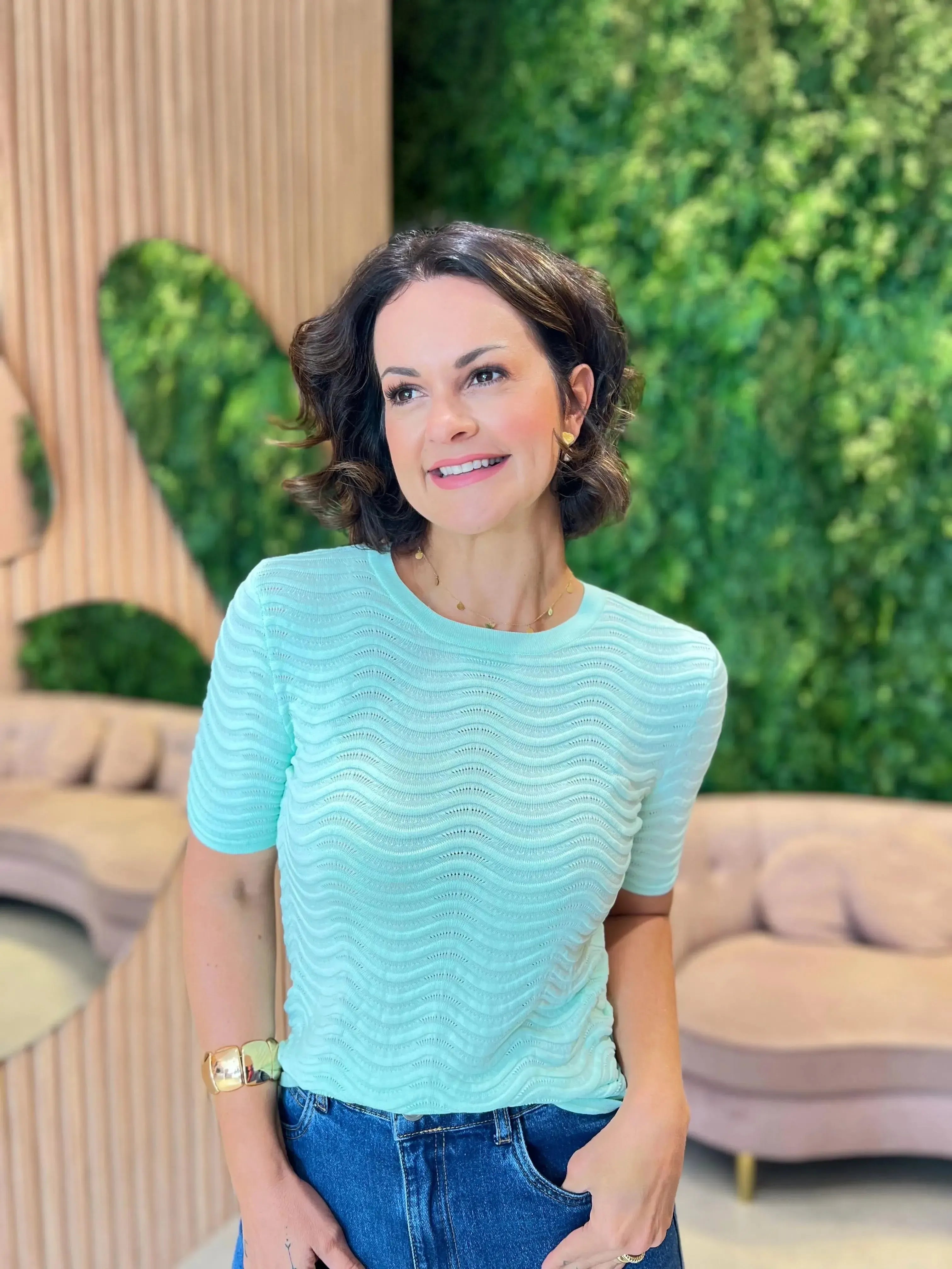 Blusa em Tricô Modal com Detalhe, Verde Água