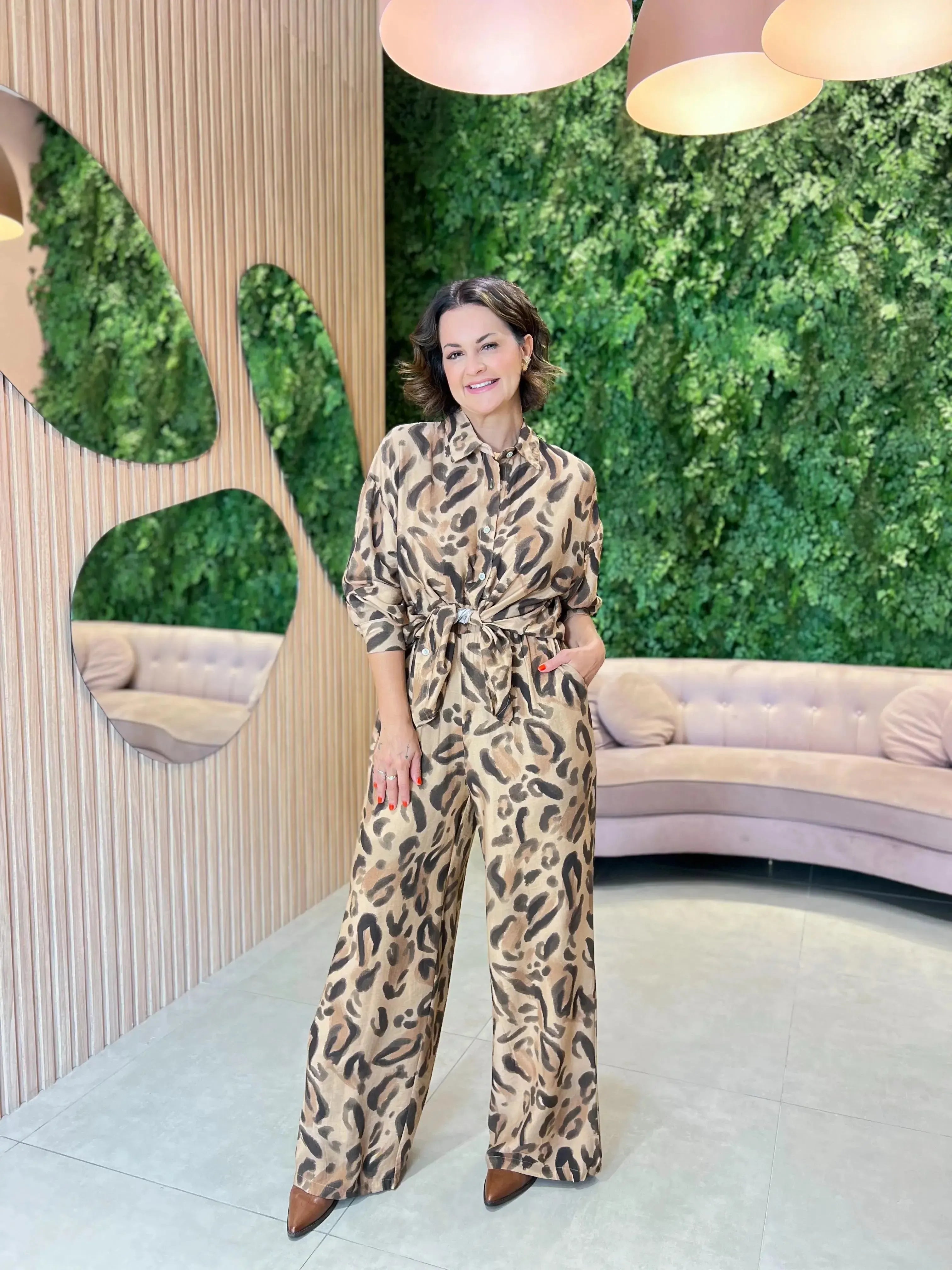 Conjunto Calça + Camisa, Animal Print Nude