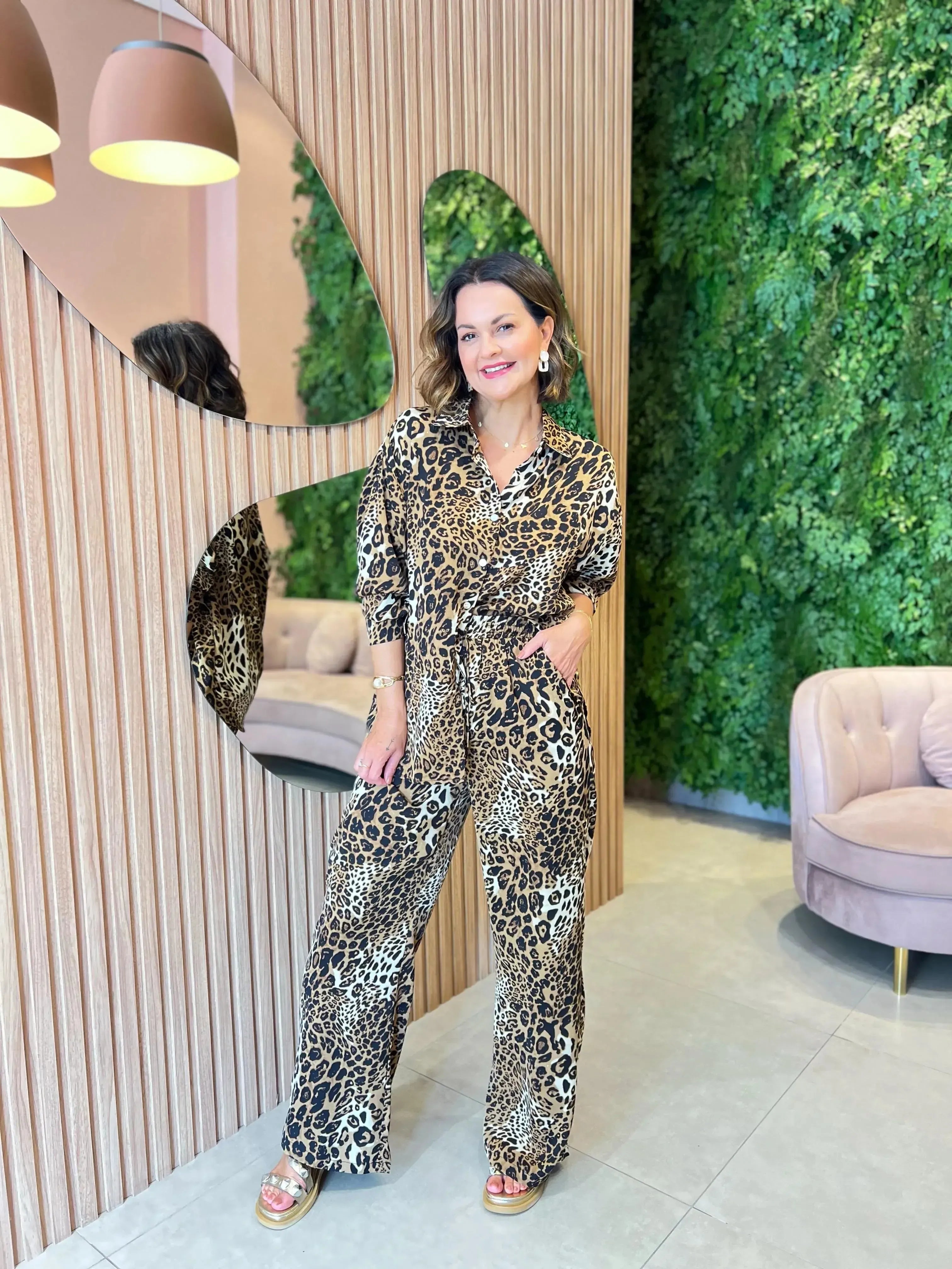 Conjunto Calça + Camisa em Cetim, Animal Print