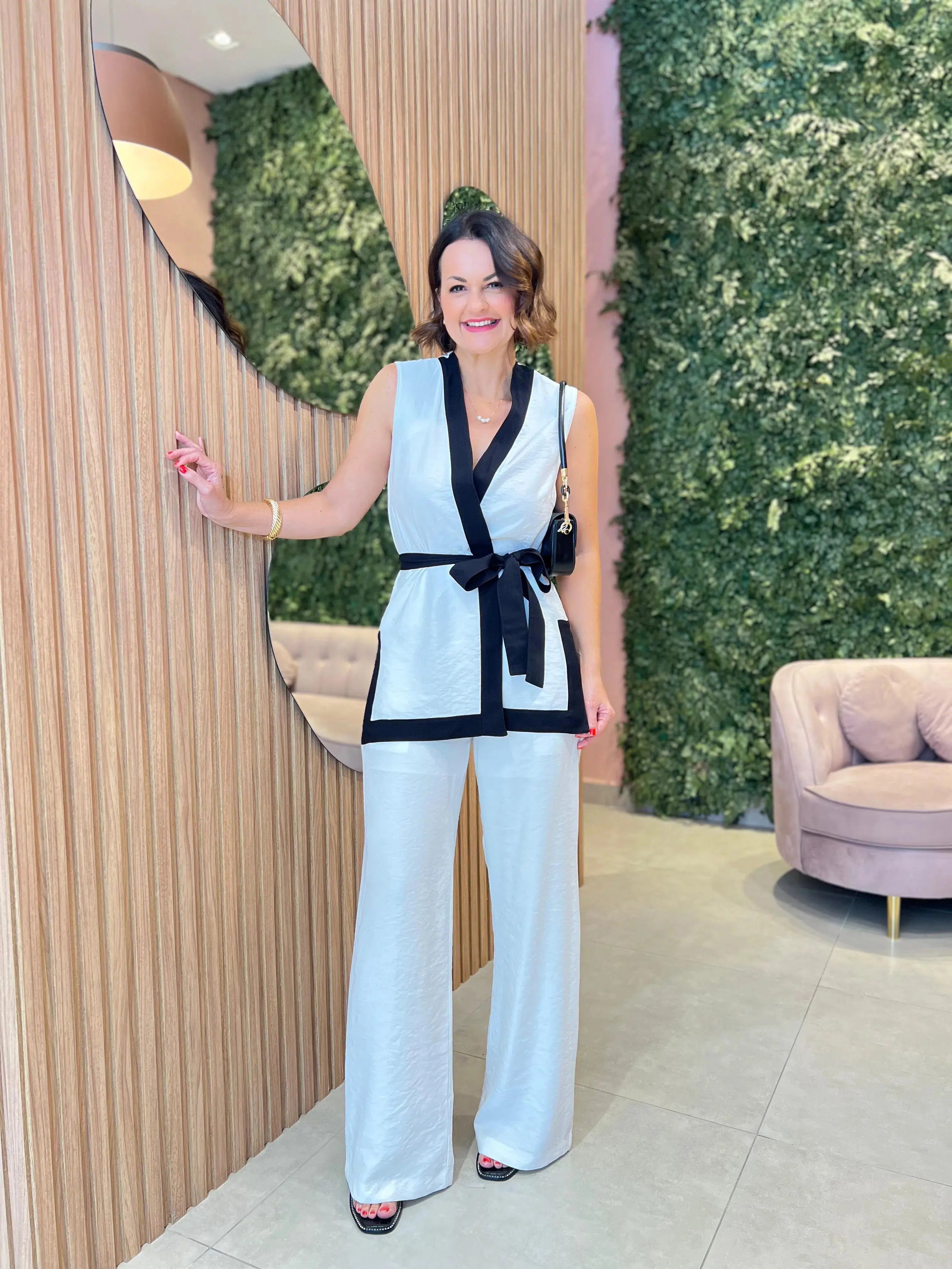 Conjunto Calça + Kimono, Off White com Detalhe Preto