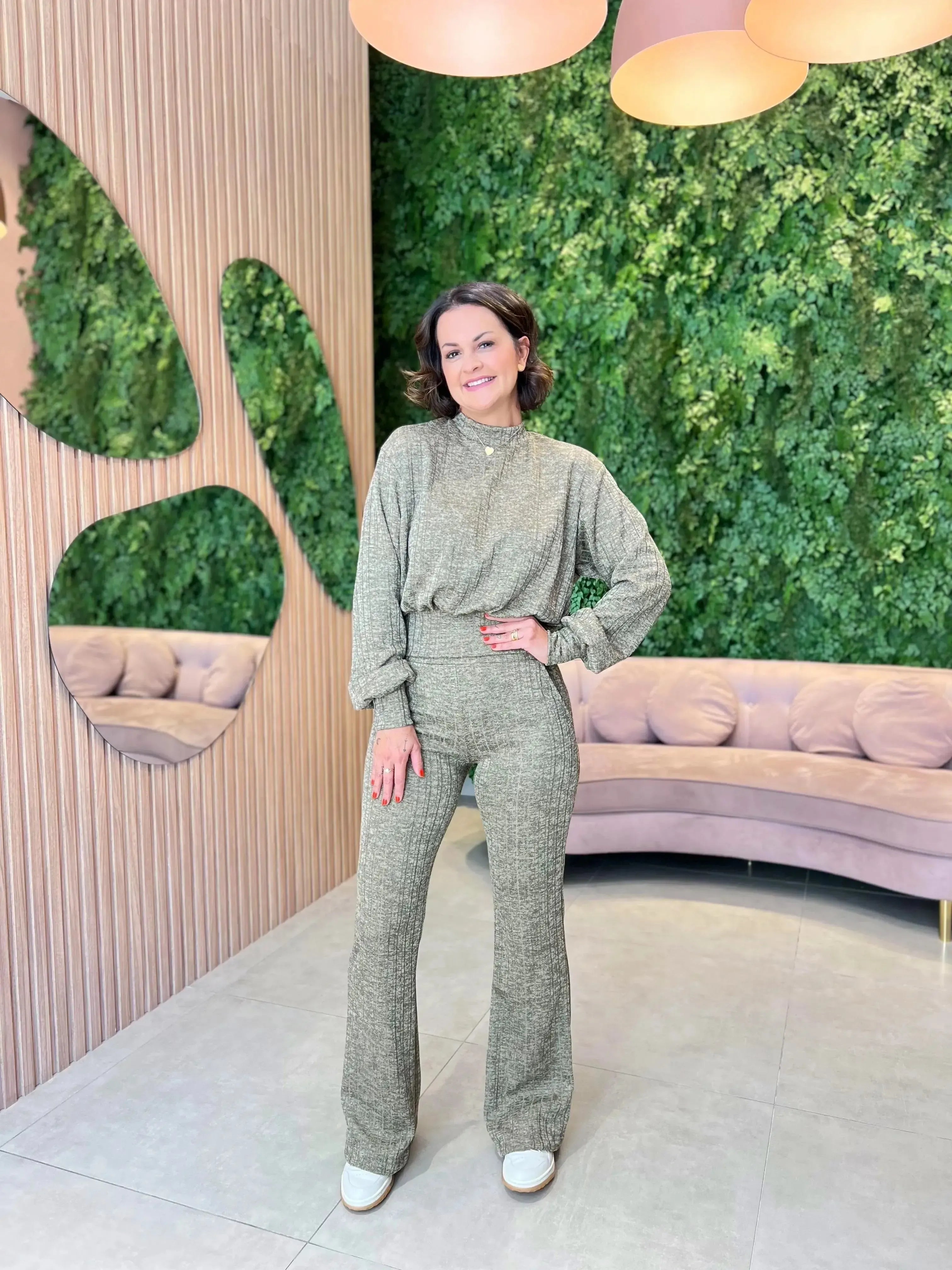 Conjunto Canelado Lãzinha Calça + Blusa, Verde