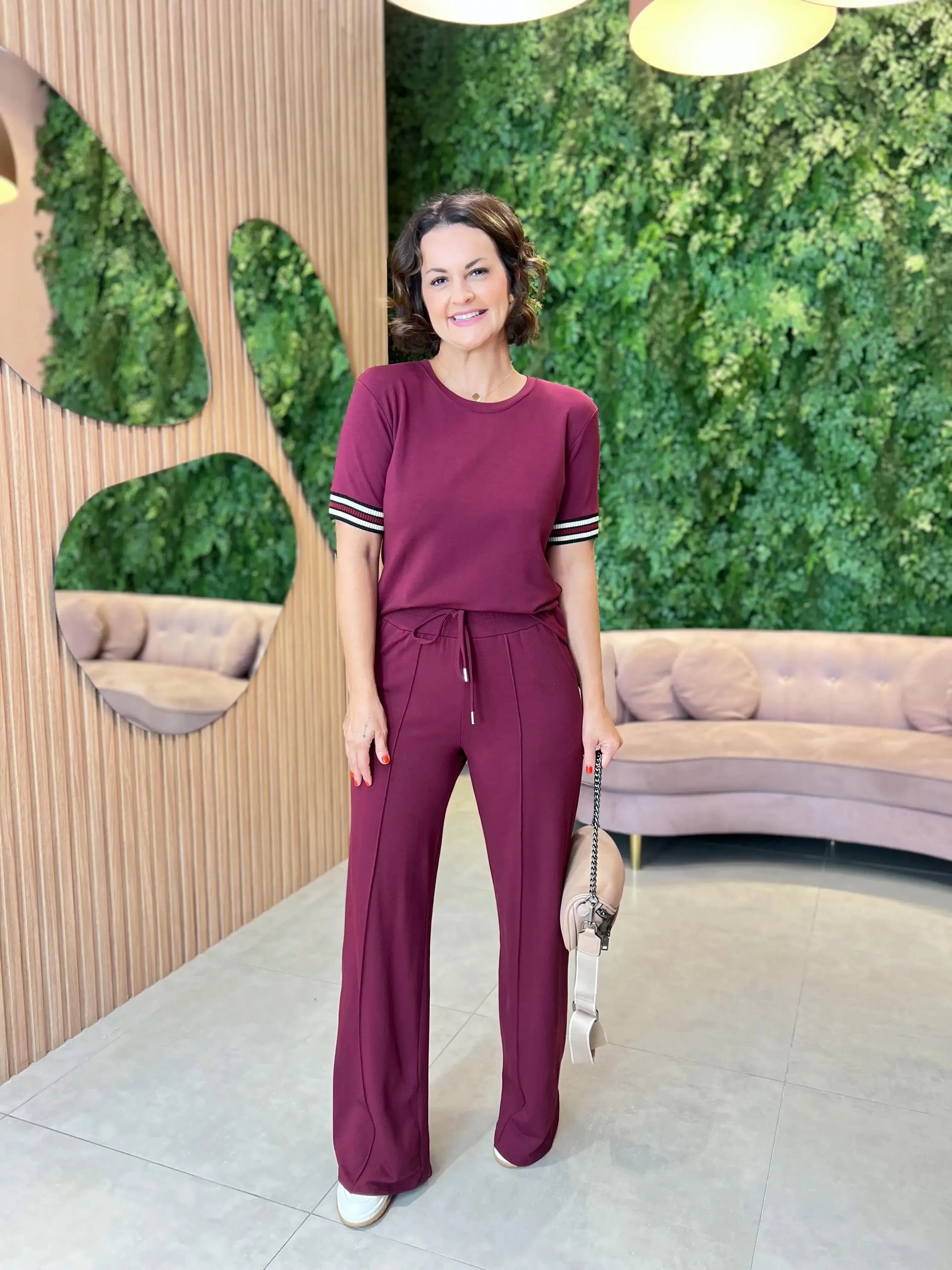Conjunto Moletinho com Faixa Calça + Blusa Manga Curta, Marsala