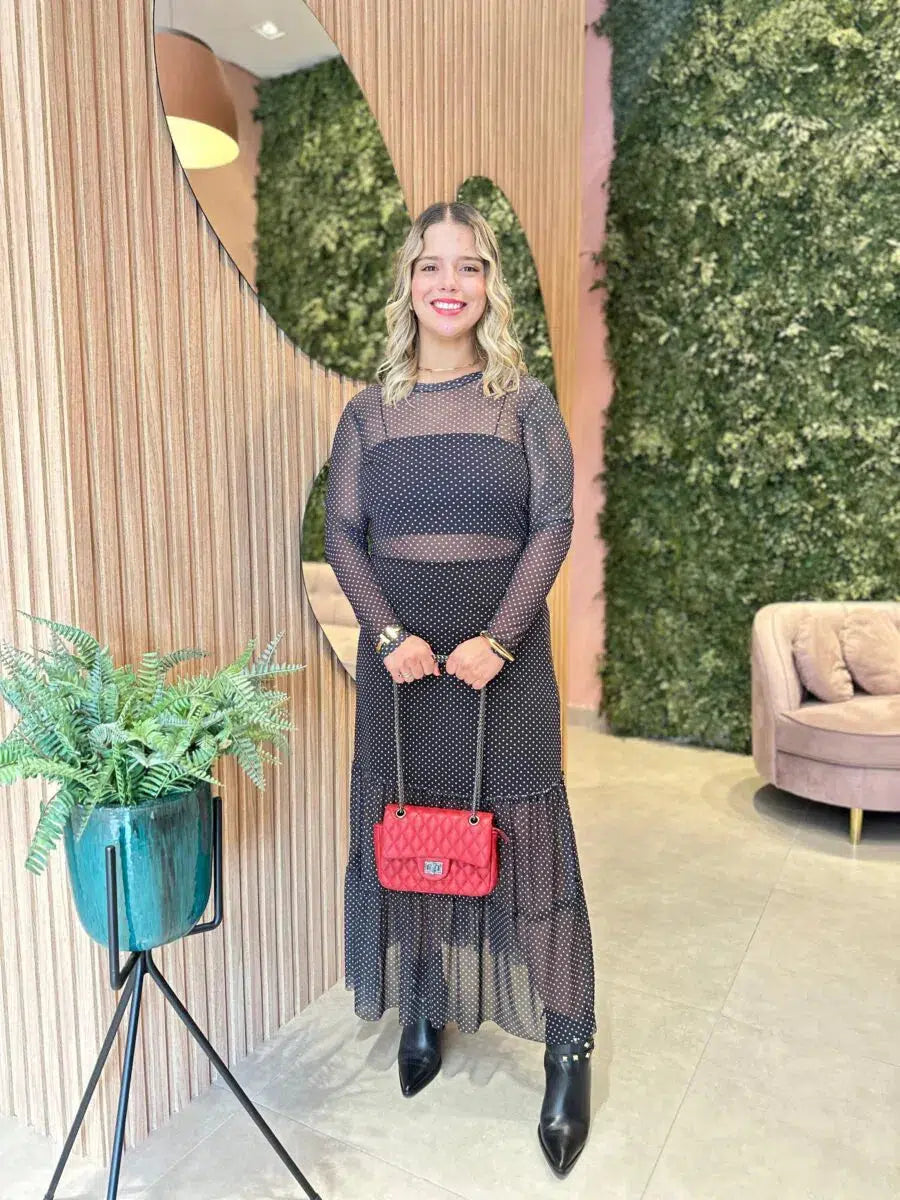 Conjunto em Tule Saia Midi + Blusa, Preto Poá