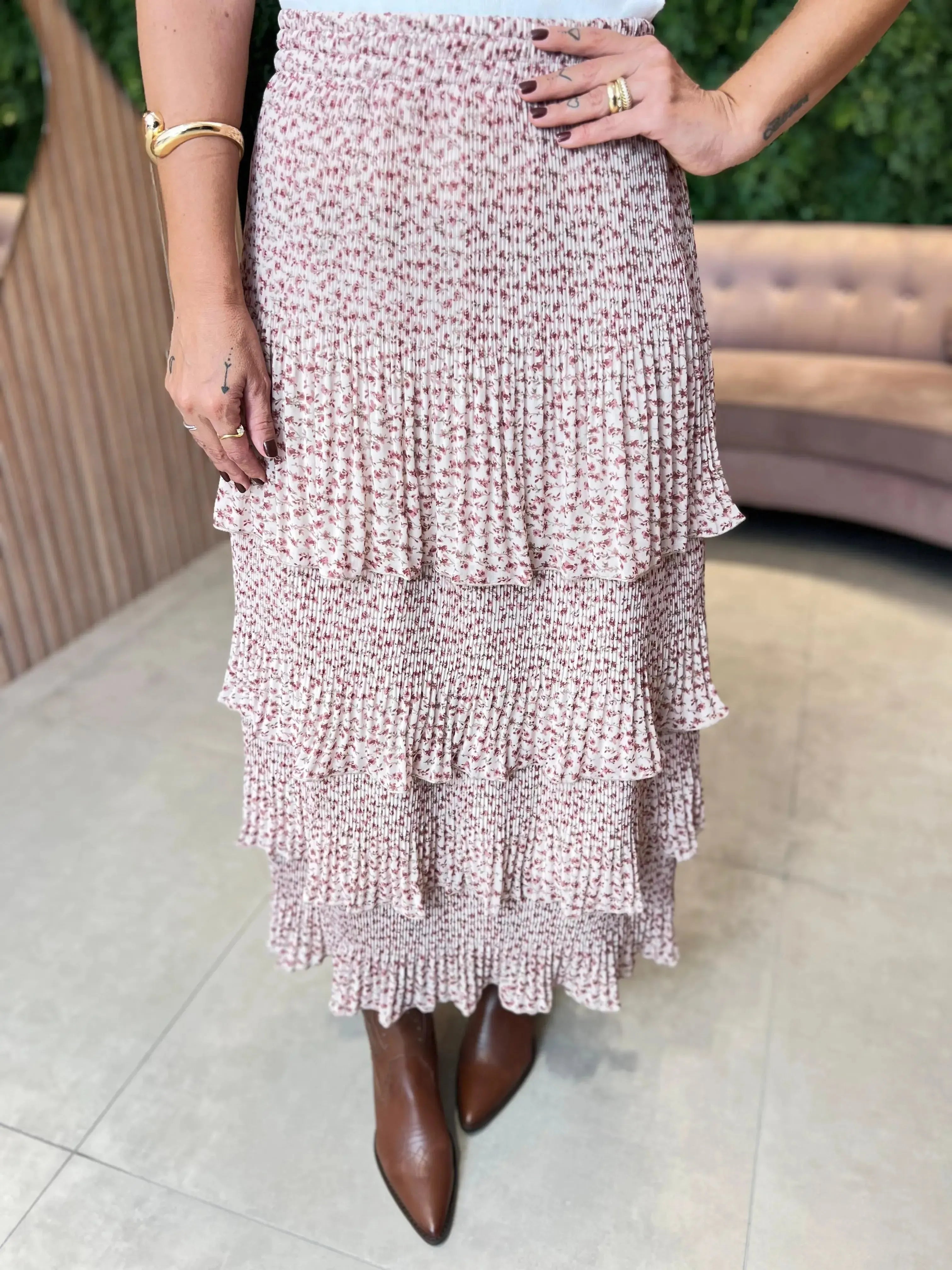 Saia em Camadas Rose com detalhes floral