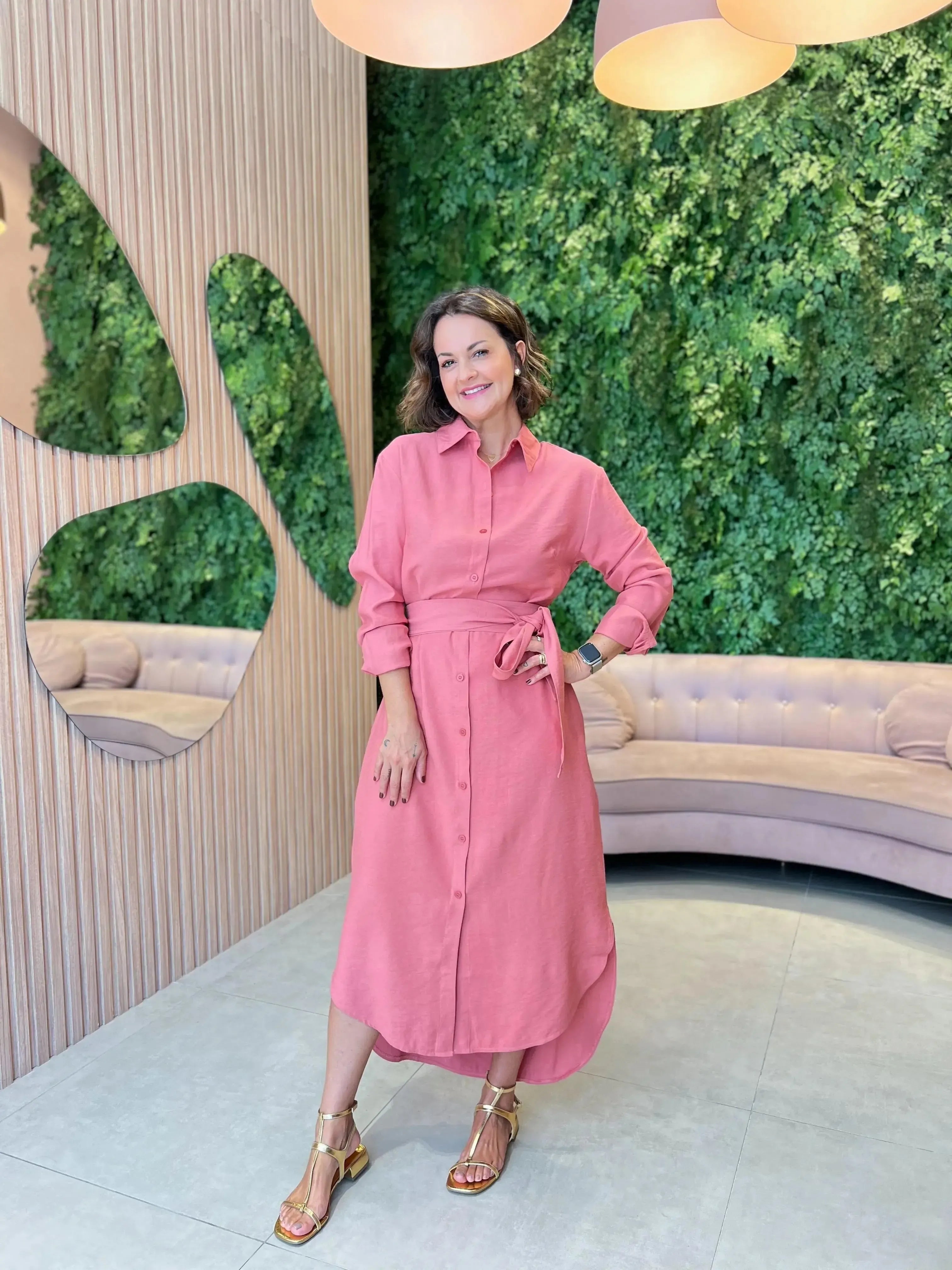 Vestido Chemisse Manga Longa , Rosa Antigo