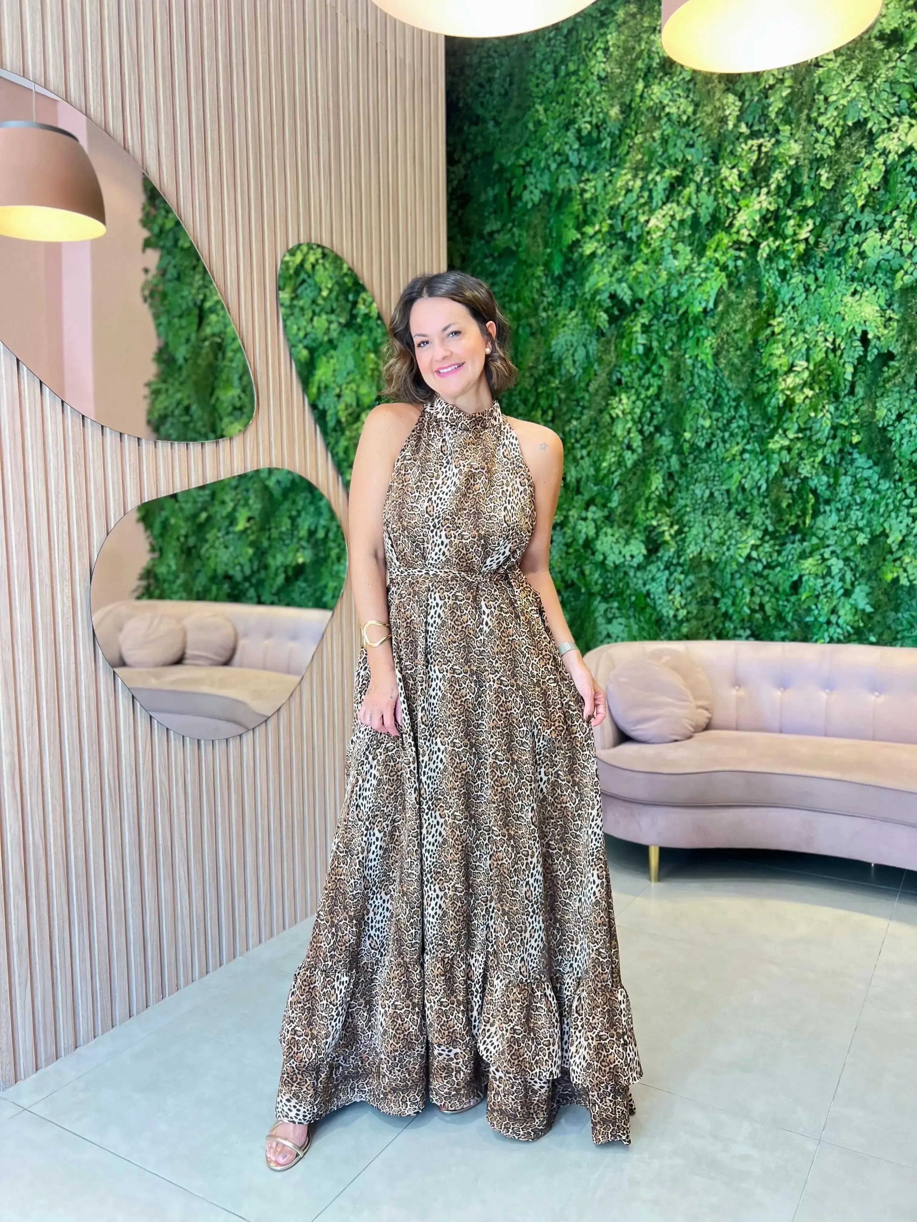 Vestido Longo em Crepe Animal Print
