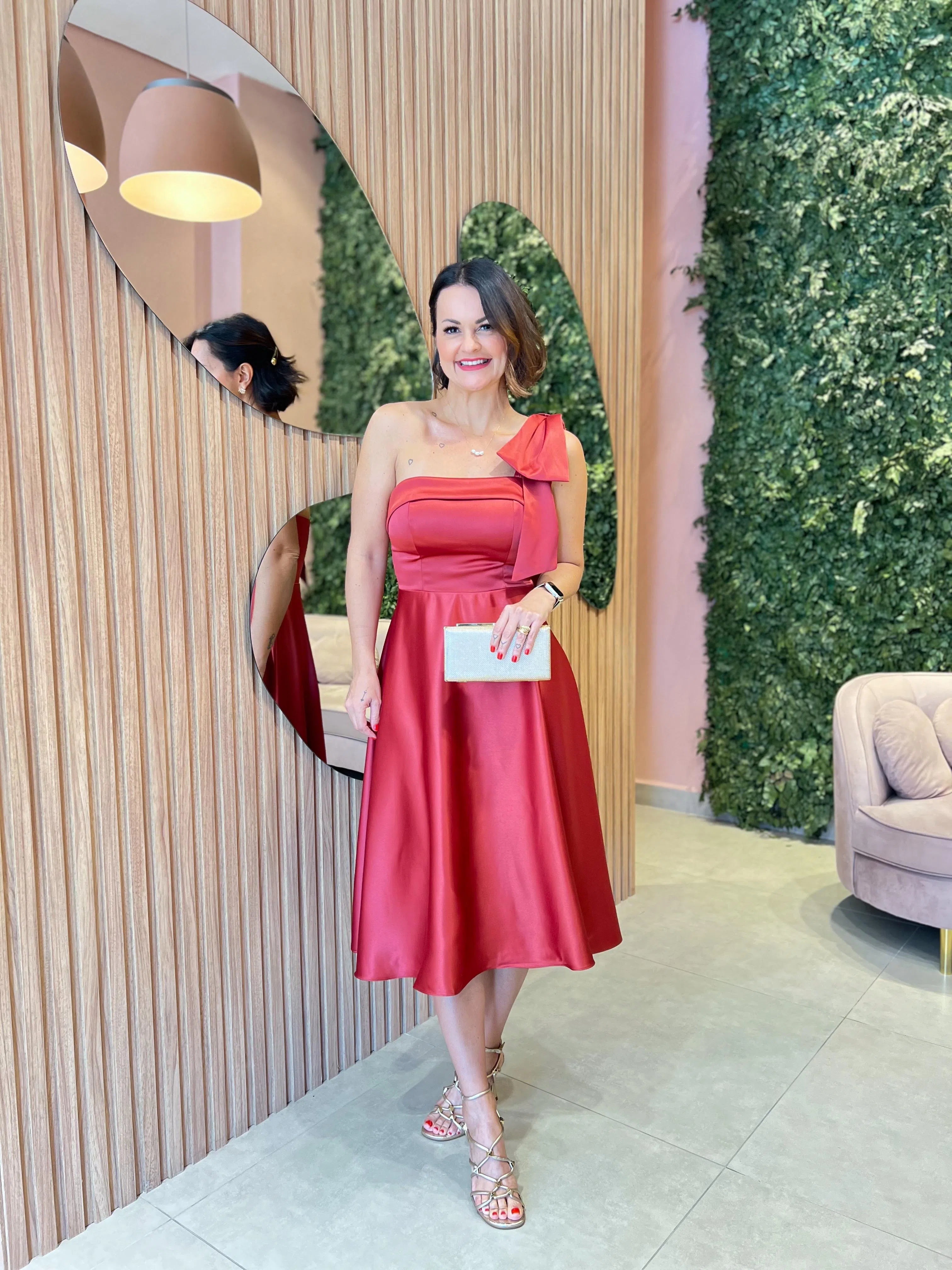 Vestido Midi em Cetim com Laço, Vermelho