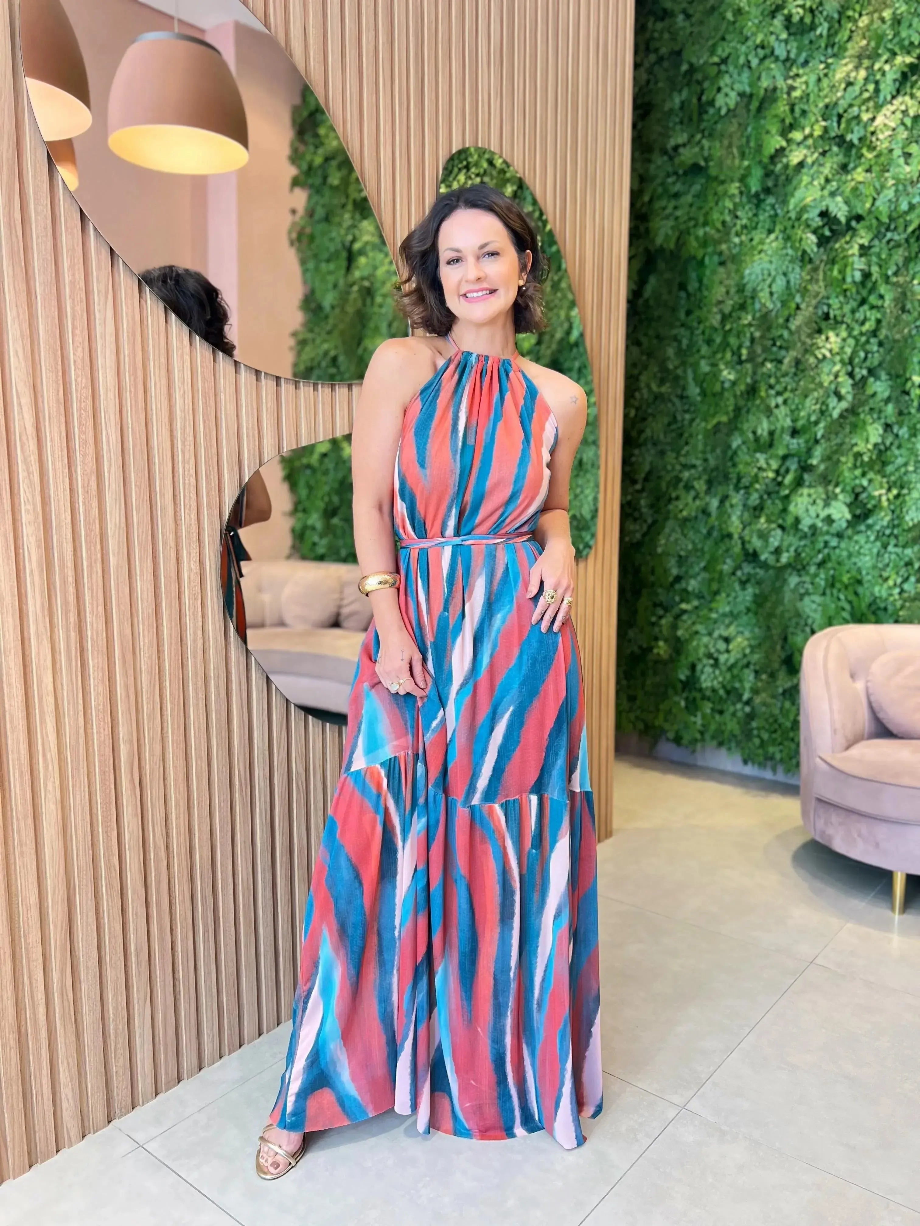 Vestido Regata em Tule Estampado Laranja e Verde