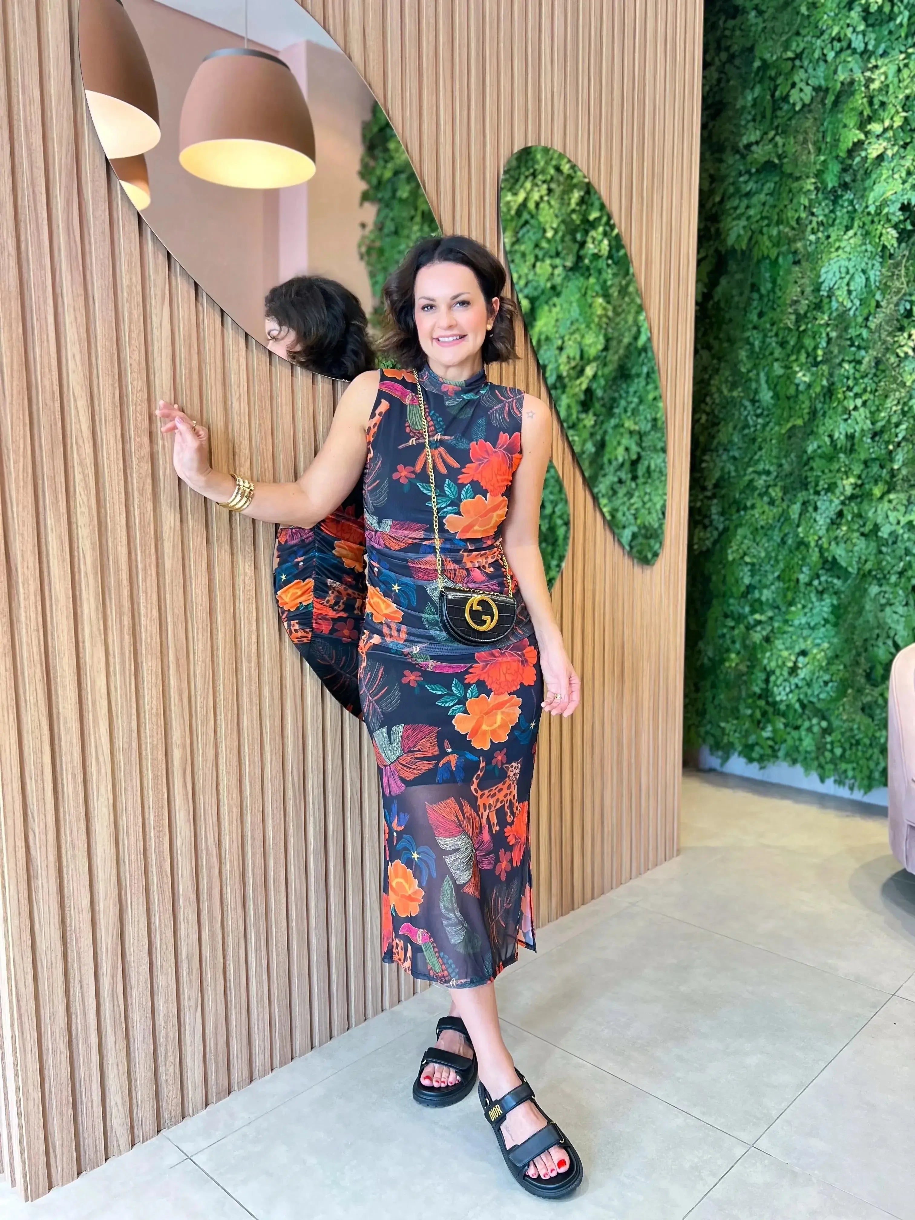 Vestido Tule Franzido Cavado Estampado, Laranja Floral