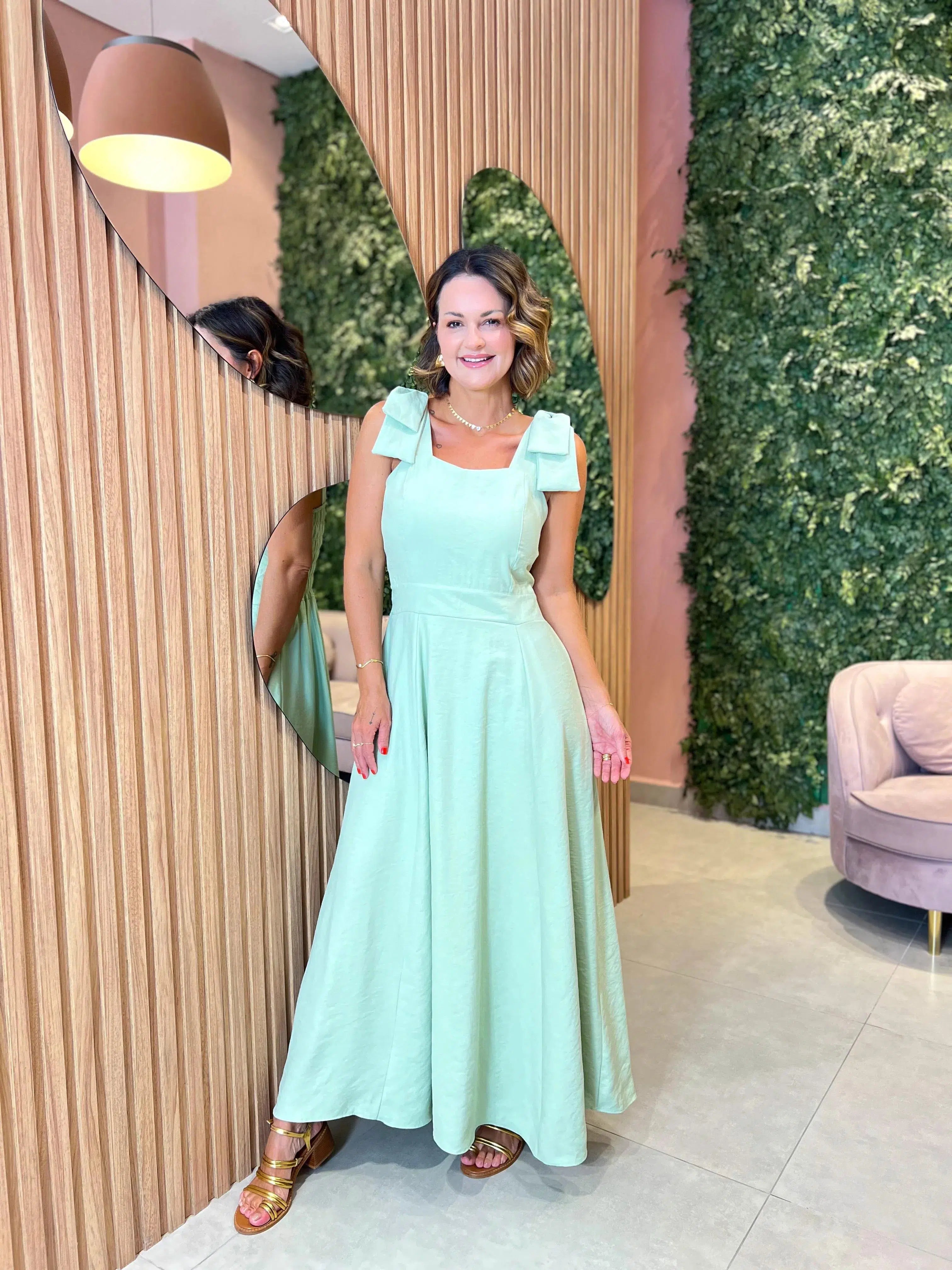 Vestido em Liocel com Alcinha Laço, Verde Menta