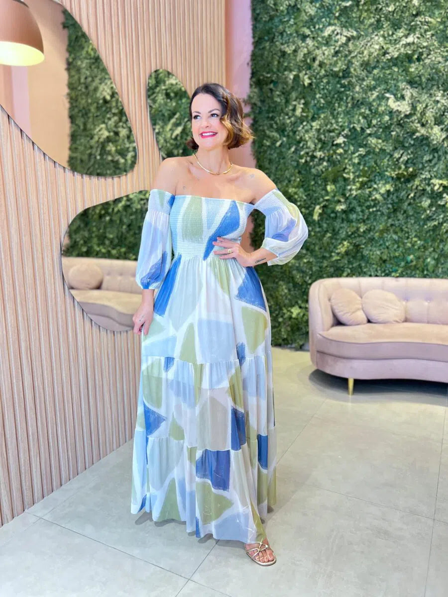 Vestido em Tule Ciganinha Fundo Off White com Azul