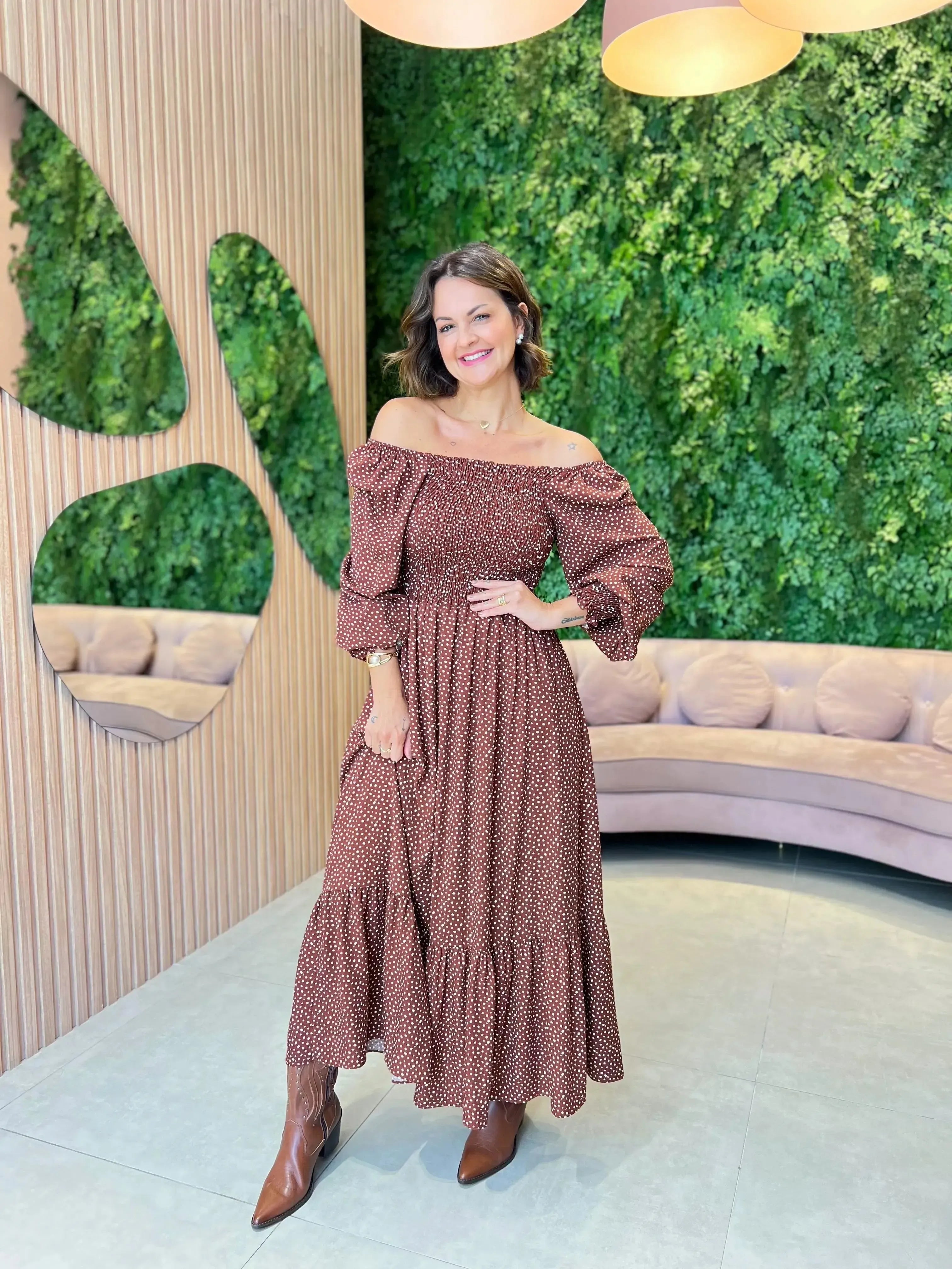 Vestido em Viscolinho Lastex Manga Longa , Póa Marrom