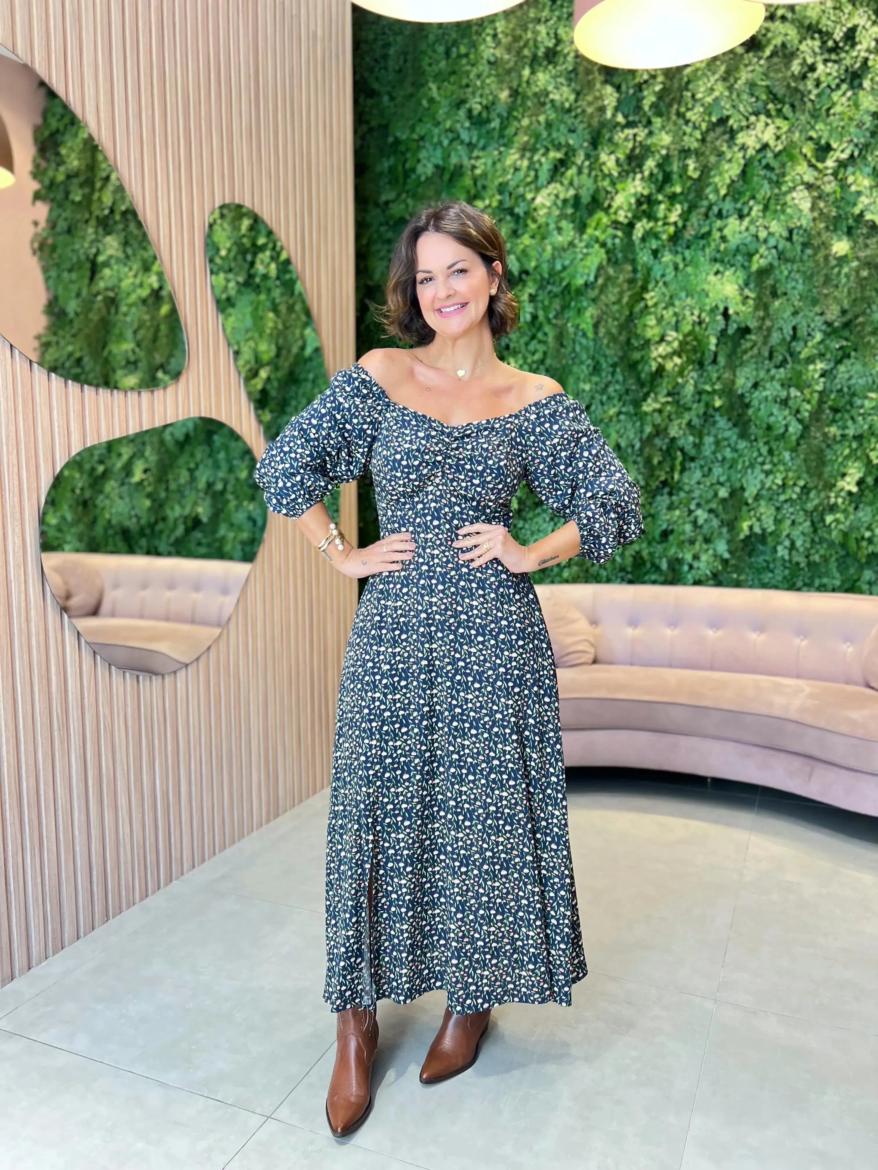 Vestido em Viscolinho Manga longa, Azul Marinho