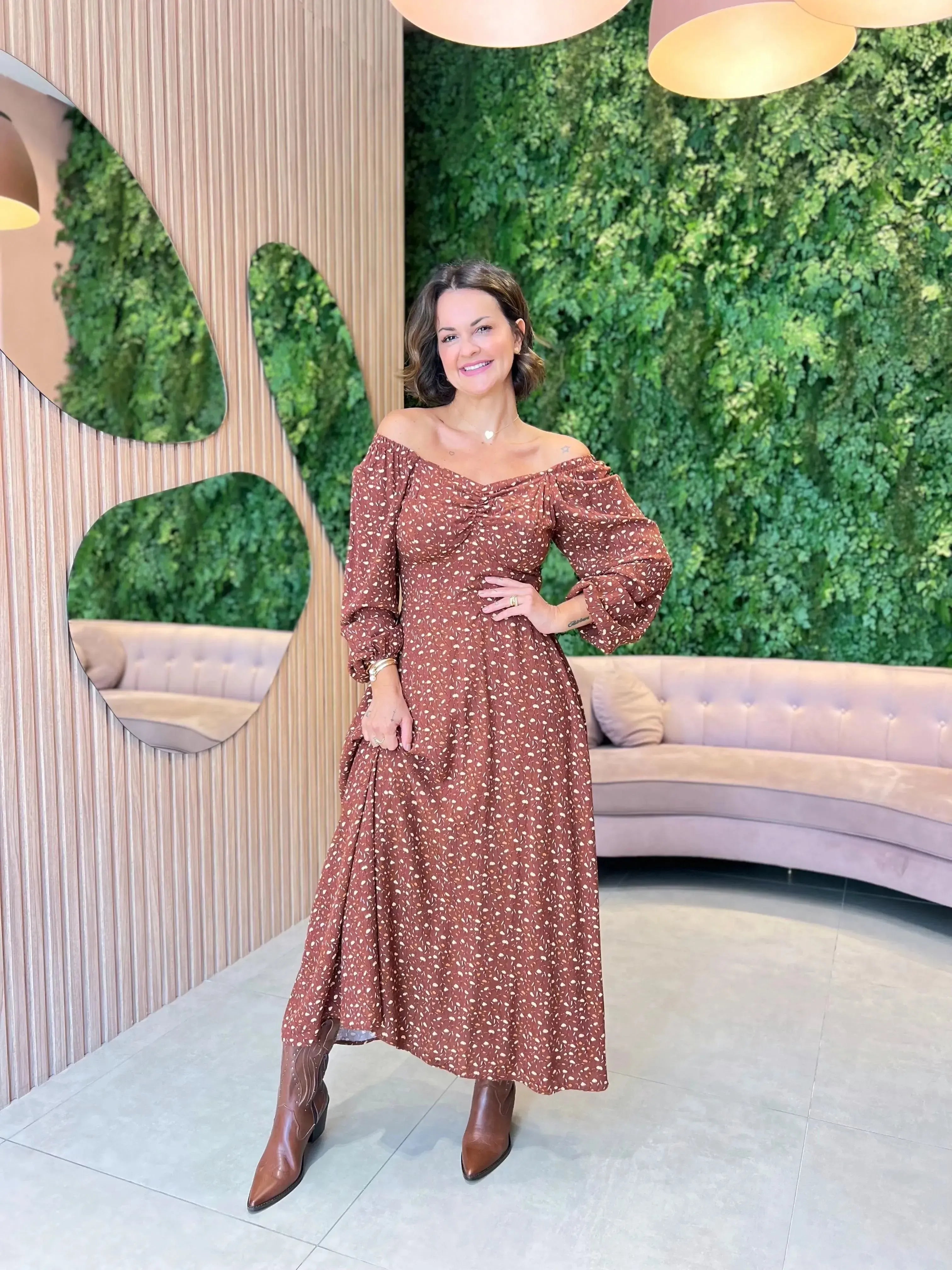 Vestido em Viscolinho Manga longa, Marrom