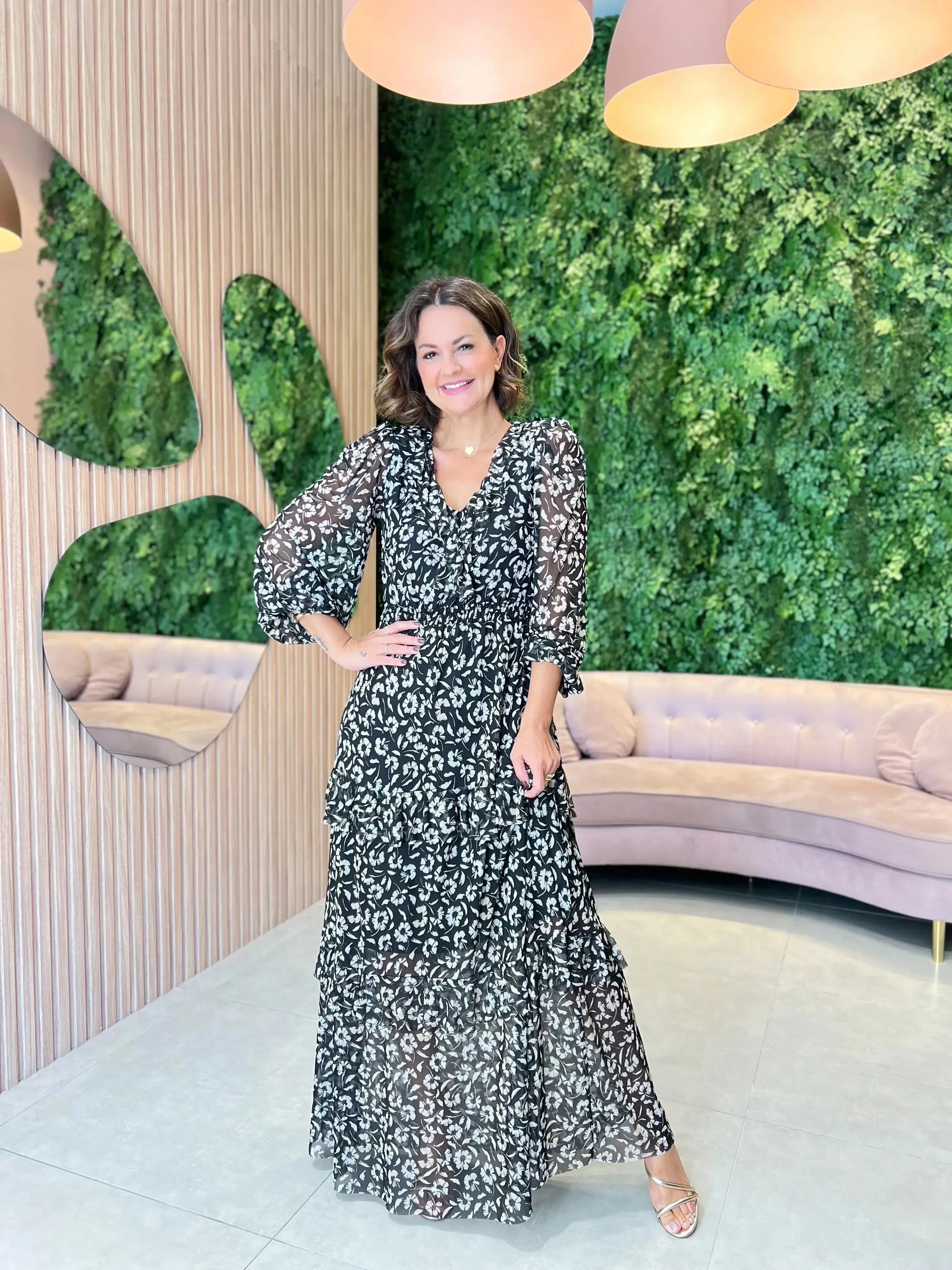 Vestido em tule Longo em Camadas , Preto floral